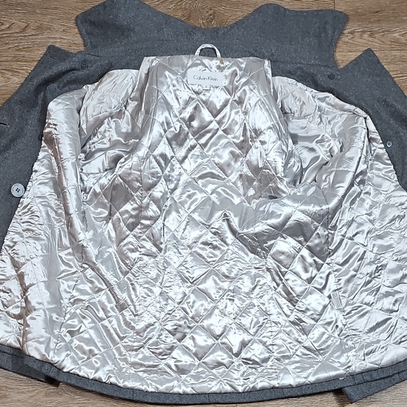 Calvin Klein Wool Blend Grey Double Breasted Pea Coat w Removeable Hood Size 12 - Picture 13 of 16